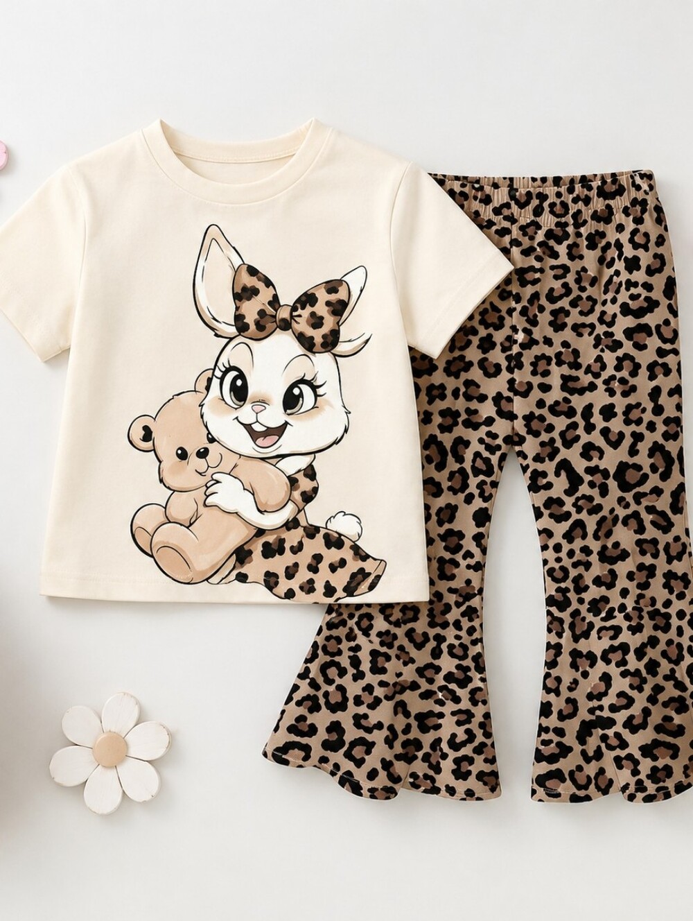 SHEIN 3 Years Old Girl Cream Bunny Tee with Leopard Bow & Leopard Flare Pants✨